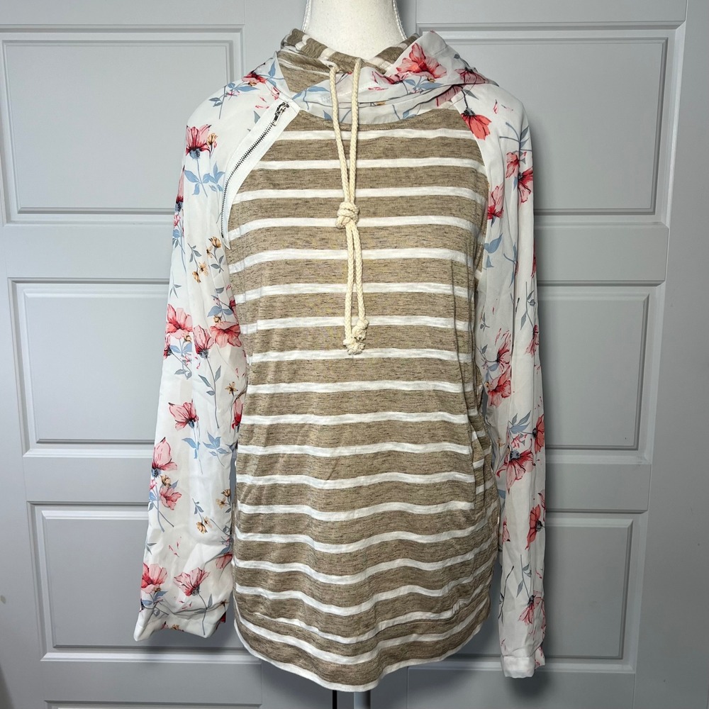 ANDTHEWHY LA Womens Striped Floral Print‎ Hoodie Zipper Detail Casual Top Medium